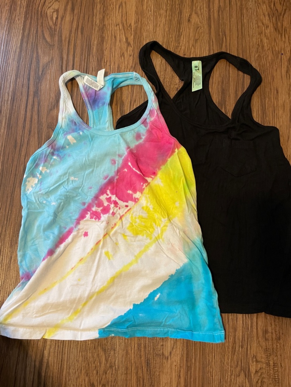 Light Blue Tie-Dye racerback tank and black ribbed lightweight racerback tank